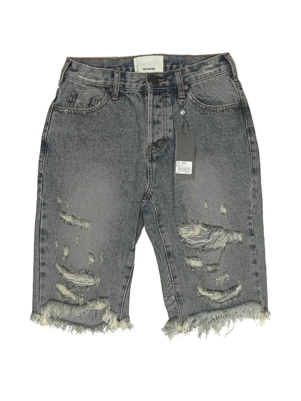 One Teaspoon Trucker Denim Shorts High Rise Distressed Black Gray Bermuda 24 NWT